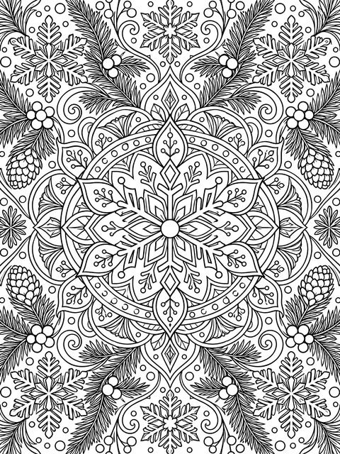 Detailed Winter mandala with snowflakes and pine coloring page