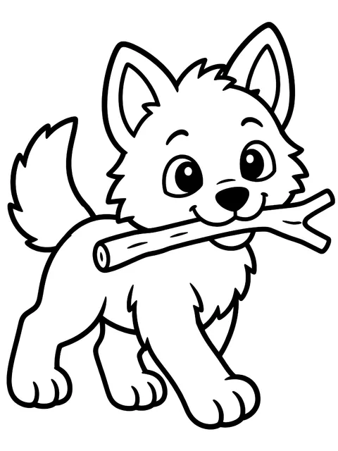 Easy Wolf pup carrying a stick coloring page