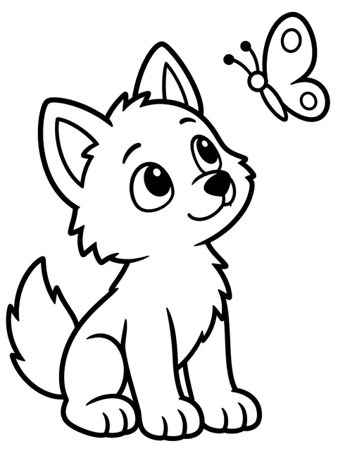 Easy Wolf pup watching a butterfly coloring page