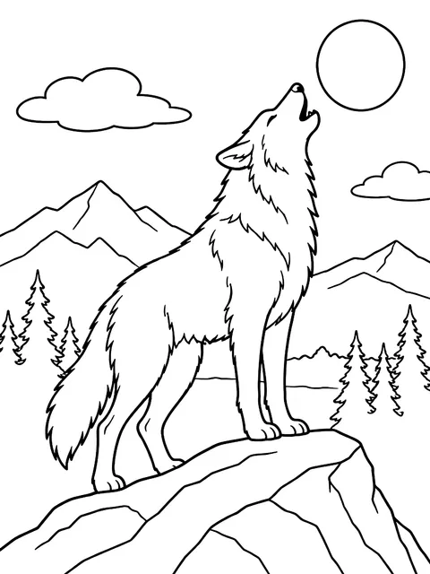 Gray wolf howling on a ridge coloring page