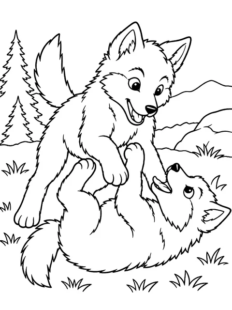 Wolf pups wrestling coloring page