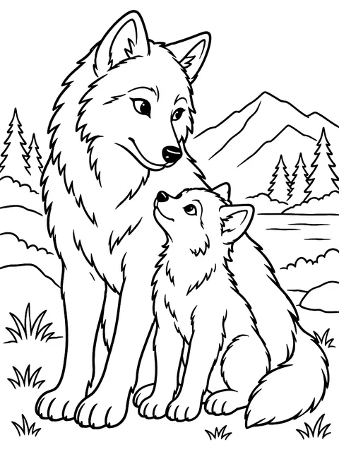 Mother wolf with a pup coloring page
