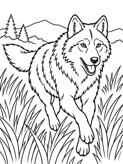 Wolf running through tall grass coloring page