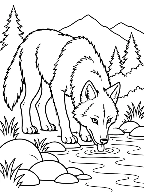 Wolf drinking from a stream coloring page
