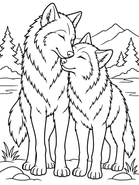Two wolves nuzzling coloring page