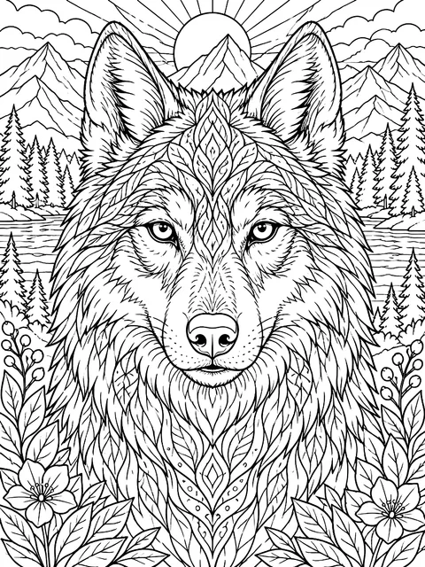 Detailed Realistic wolf portrait coloring page
