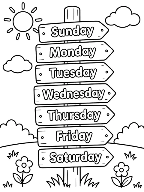 Days of the week words coloring page