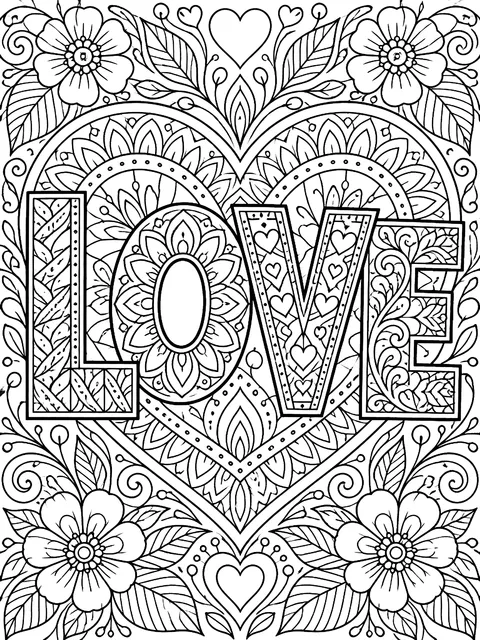 Detailed Love in pattern-filled letters coloring page