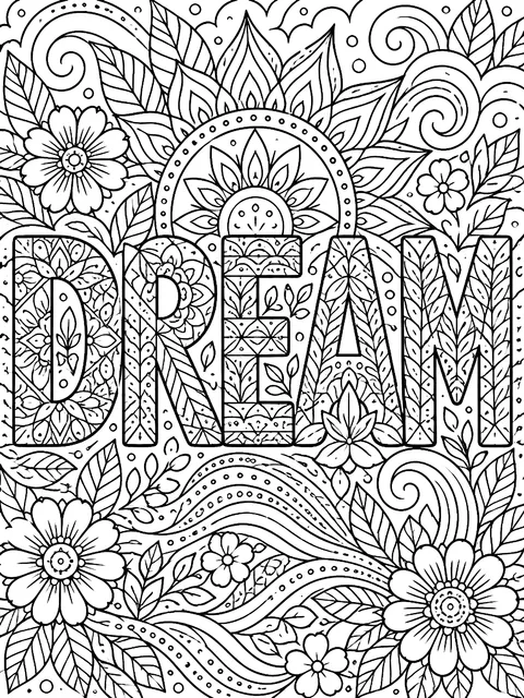 Detailed Dream in pattern-filled letters coloring page