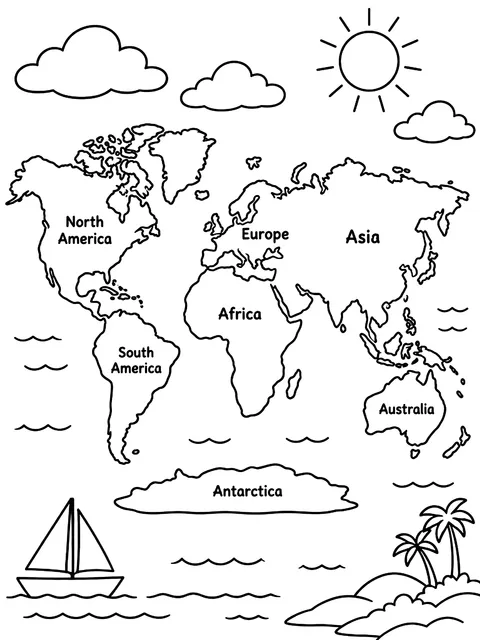 World map with continents labeled coloring page