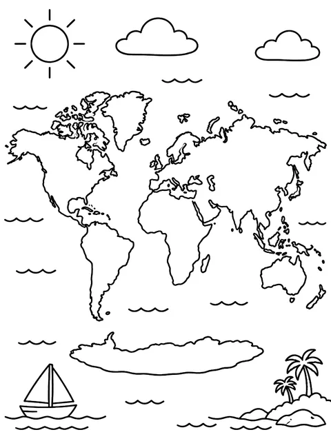 World map with oceans labeled coloring page