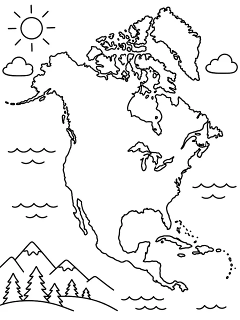 North America continent map coloring page