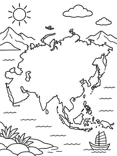 Asia continent map coloring page