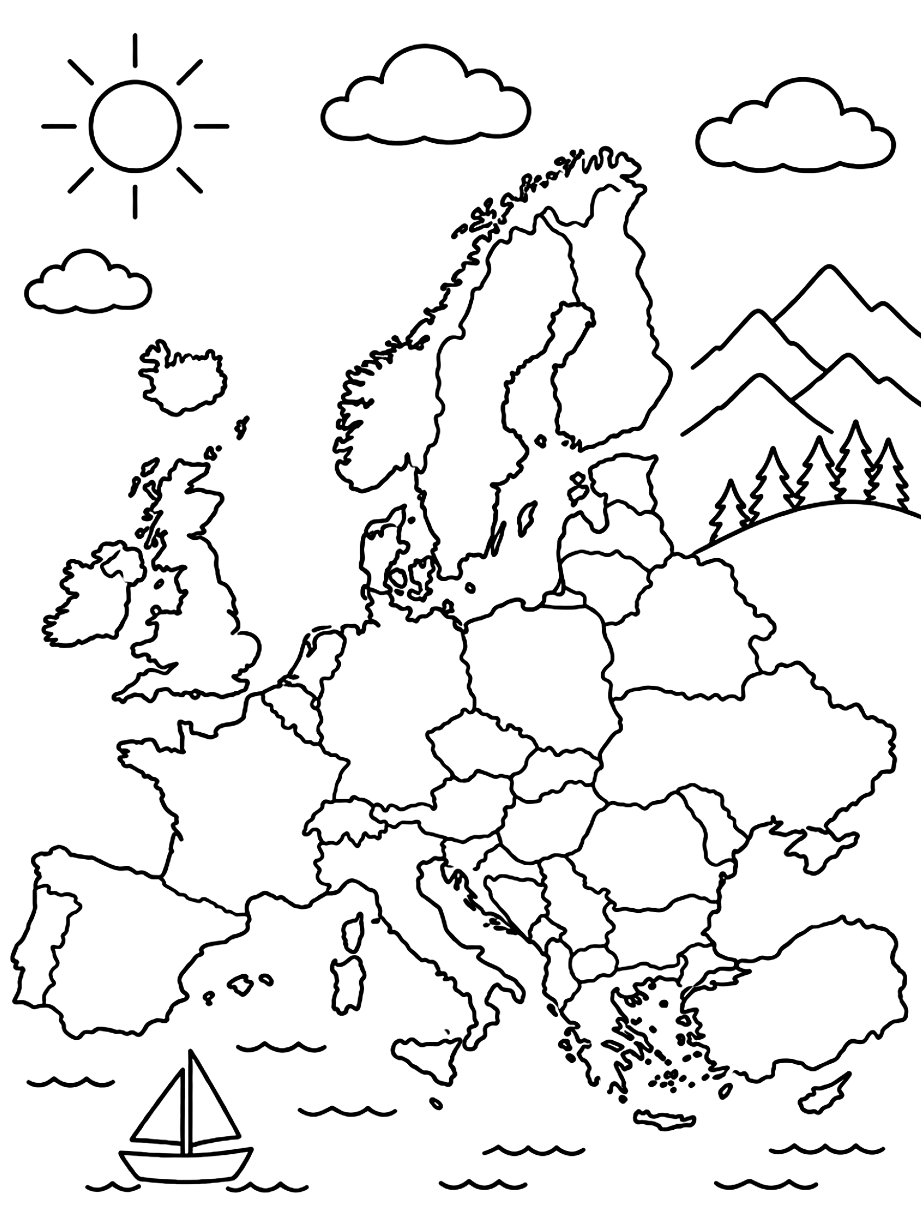Europe continent map coloring page