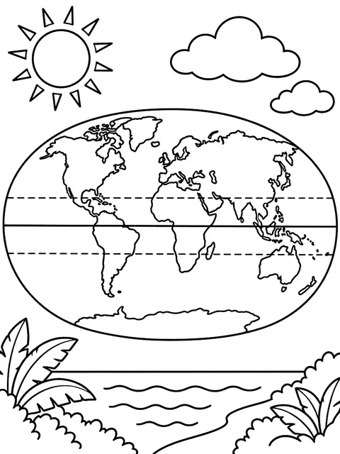 World map with the equator and tropics coloring page
