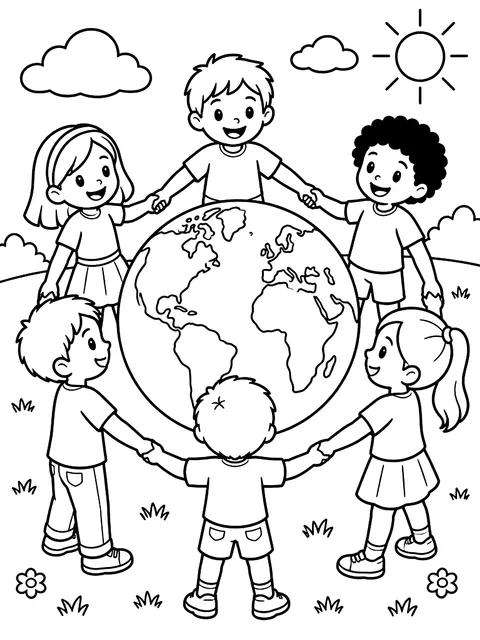 Children holding hands around a globe coloring page
