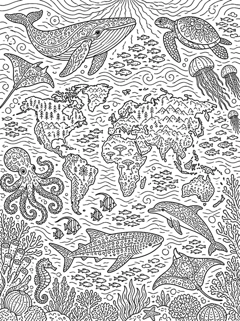 Detailed World map with ocean animals coloring page