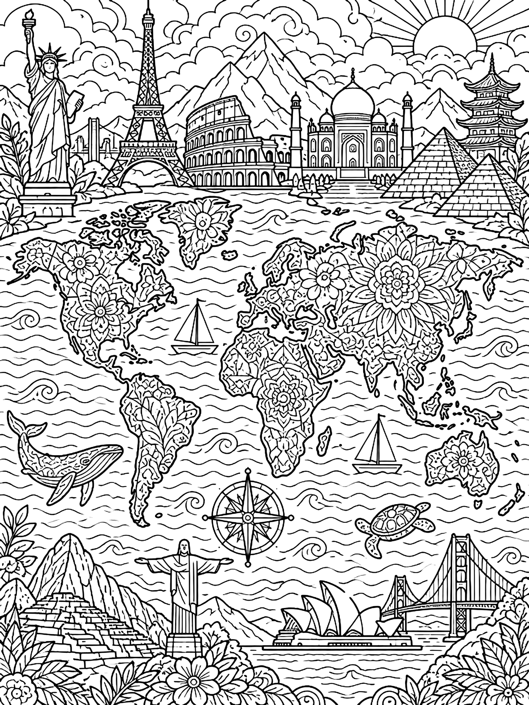 Detailed World map with landmarks coloring page