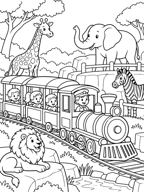 Zoo train passing the animals coloring page