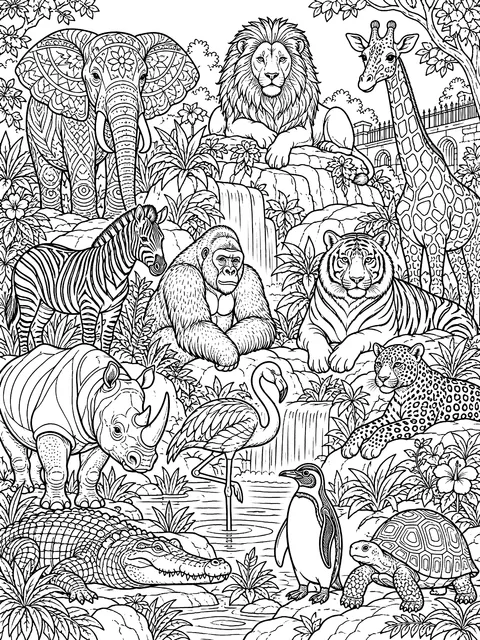 Detailed Zoo animal checklist with twelve animals coloring page