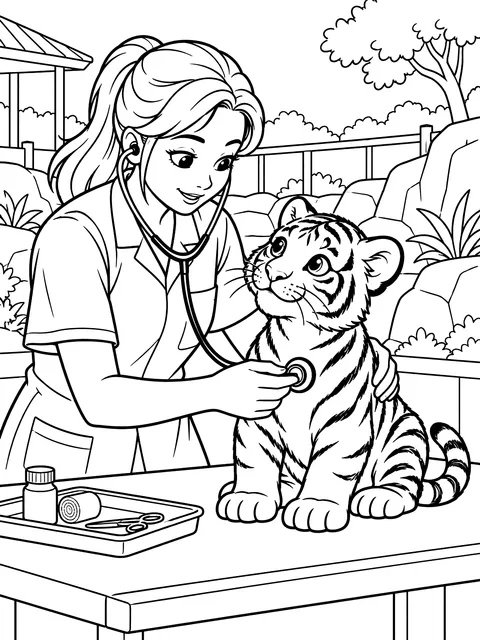 Zoo vet checking a tiger cub coloring page
