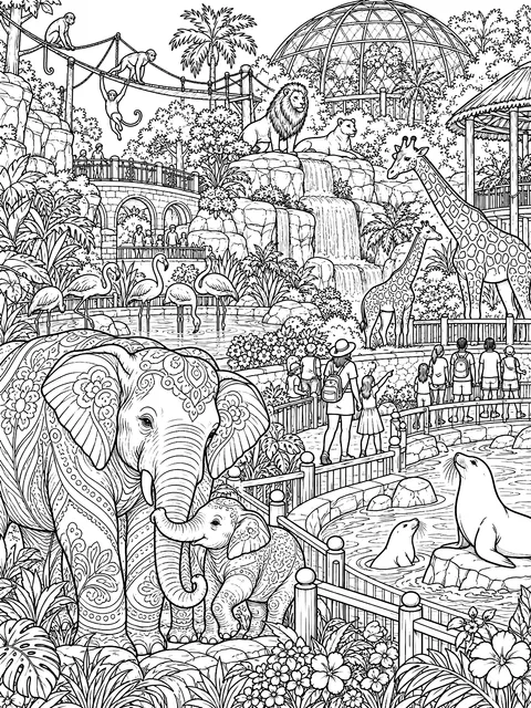 Detailed Busy day at the zoo coloring page