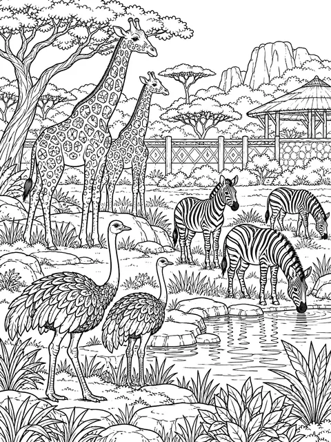 Detailed Savanna enclosure with giraffes, zebras and ostriches coloring page