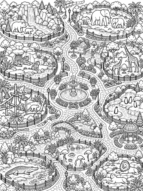 Detailed Zoo map with paths and enclosures coloring page